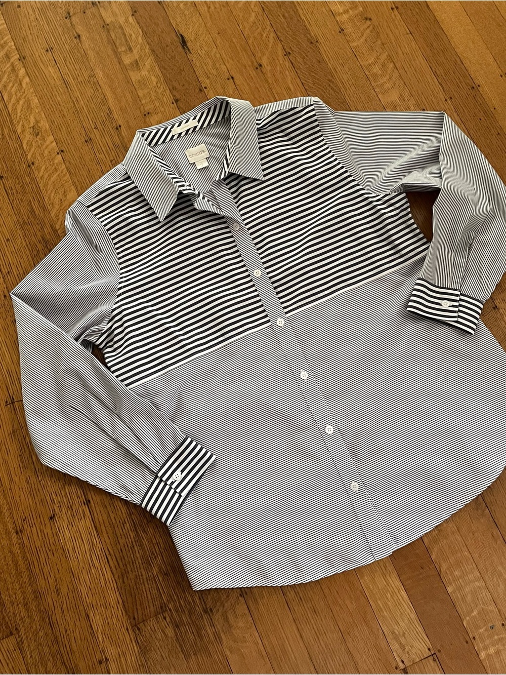 Chico's Blue and White Striped Button-Front Shirt with Mixed Stripes